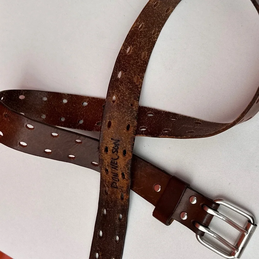 Vintage Brown Leather Double Prong Roller Buckle Adjustable Belt Mens 30-36